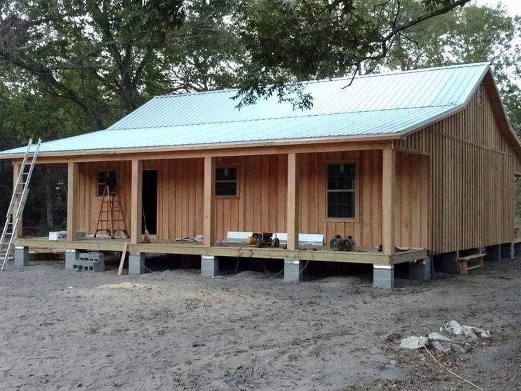 Metal roof on a board-and-batten cabin